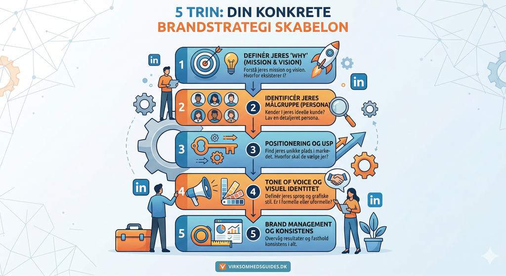 En konkret 5 trins skabelon til at bygge en professionel brandstrategi fra mission til visuel identitet.