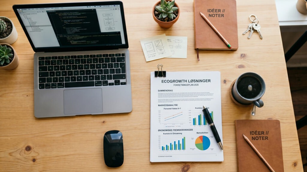 En komplet og professionel forretningsplan skabelon 2026 liggende klar på et skrivebord med kaffe og computer.