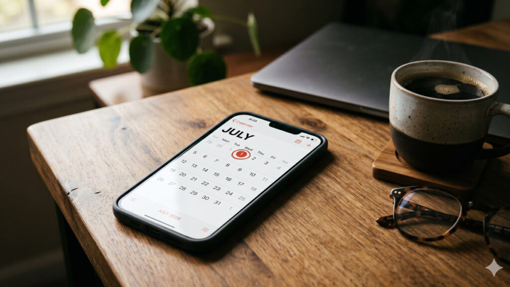 Frist for oplysningsskema erhverv 2026: Undgå Skattestyrelsens skattetillæg En kalender på en smartphone, der markerer den ufravigelige frist for oplysningsskema erhverv 2026 den første juli for at undgå straf fra Skattestyrelsen.