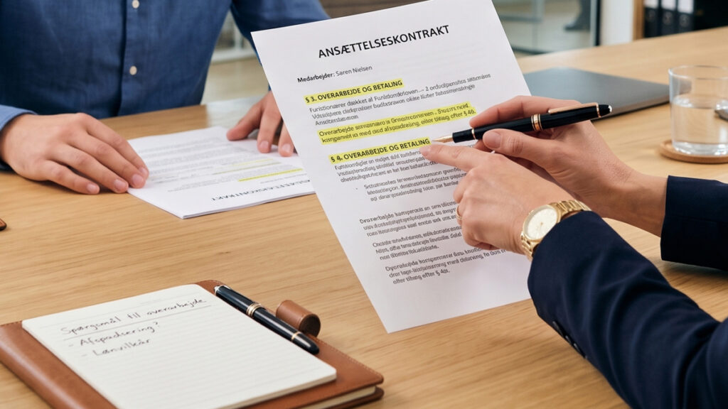 Gennemgang af ansættelseskontrakt for at sikre juridisk korrekte overarbejde betaling regler funktionær.