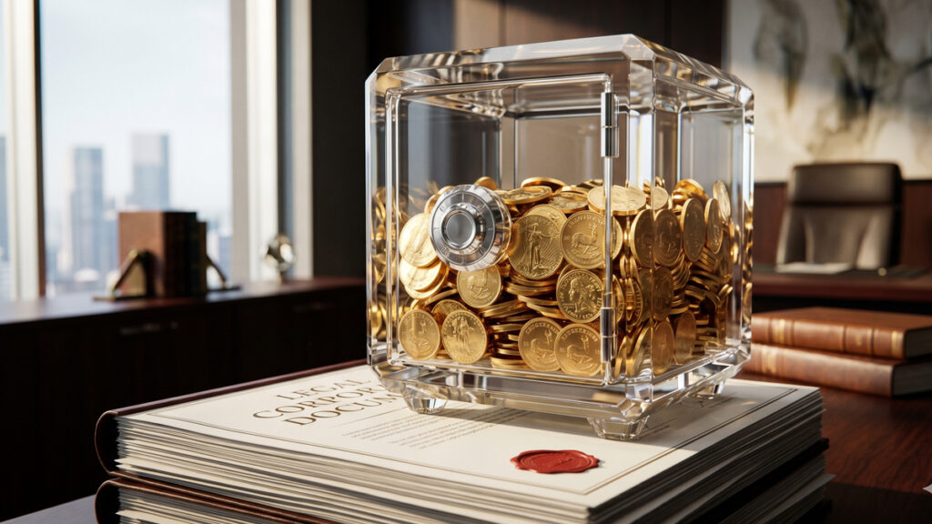 En sikker bankboks med guld, der symboliserer pengetanken og de enorme fordele ved holdingselskab til beskyttelse af formue.