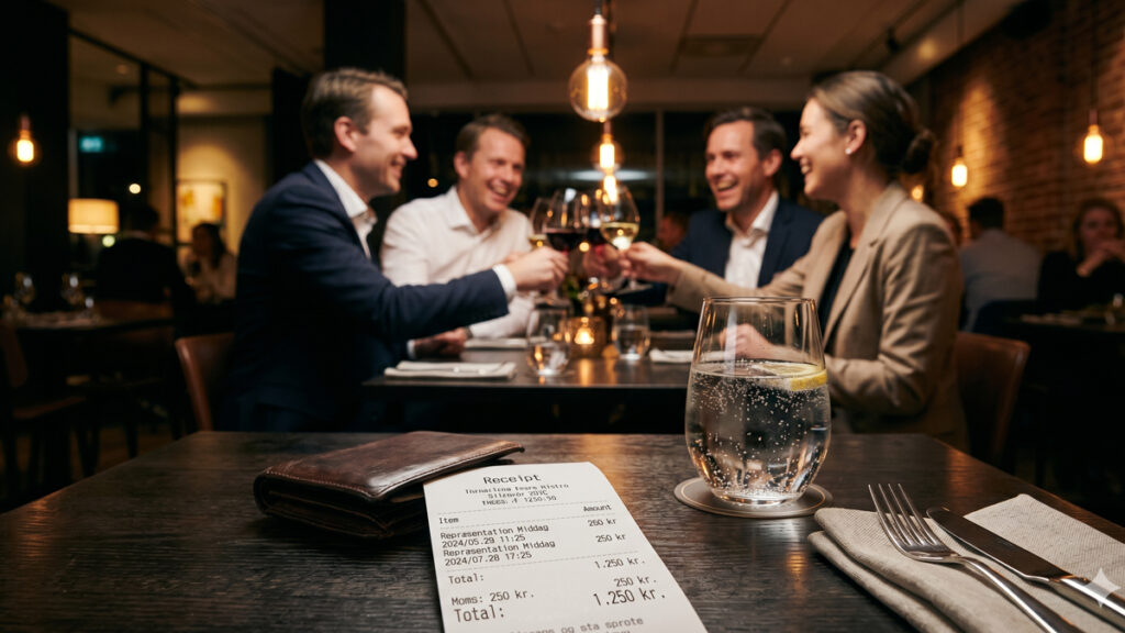 En restaurantregning på et dækket bord, der illustrerer reglerne for momsfradrag repræsentation restaurant ved forretningsmiddage.
