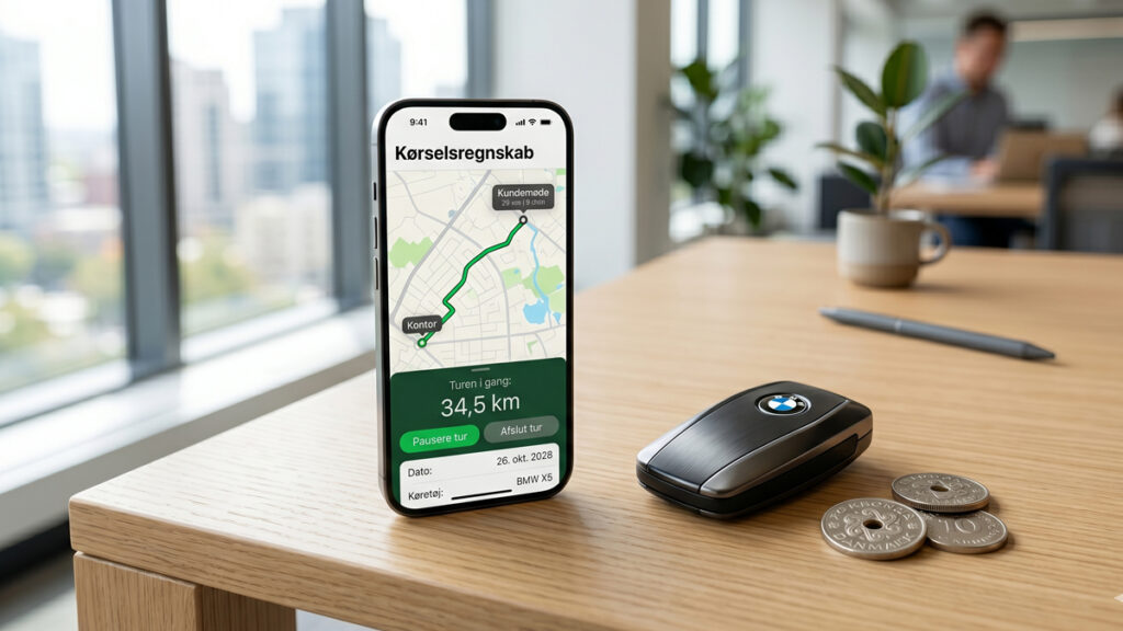 Bilnøgle, smartphone og mønter der illustrerer de nye kørselsgodtgørelse satser 2026 for erhvervskørsel.